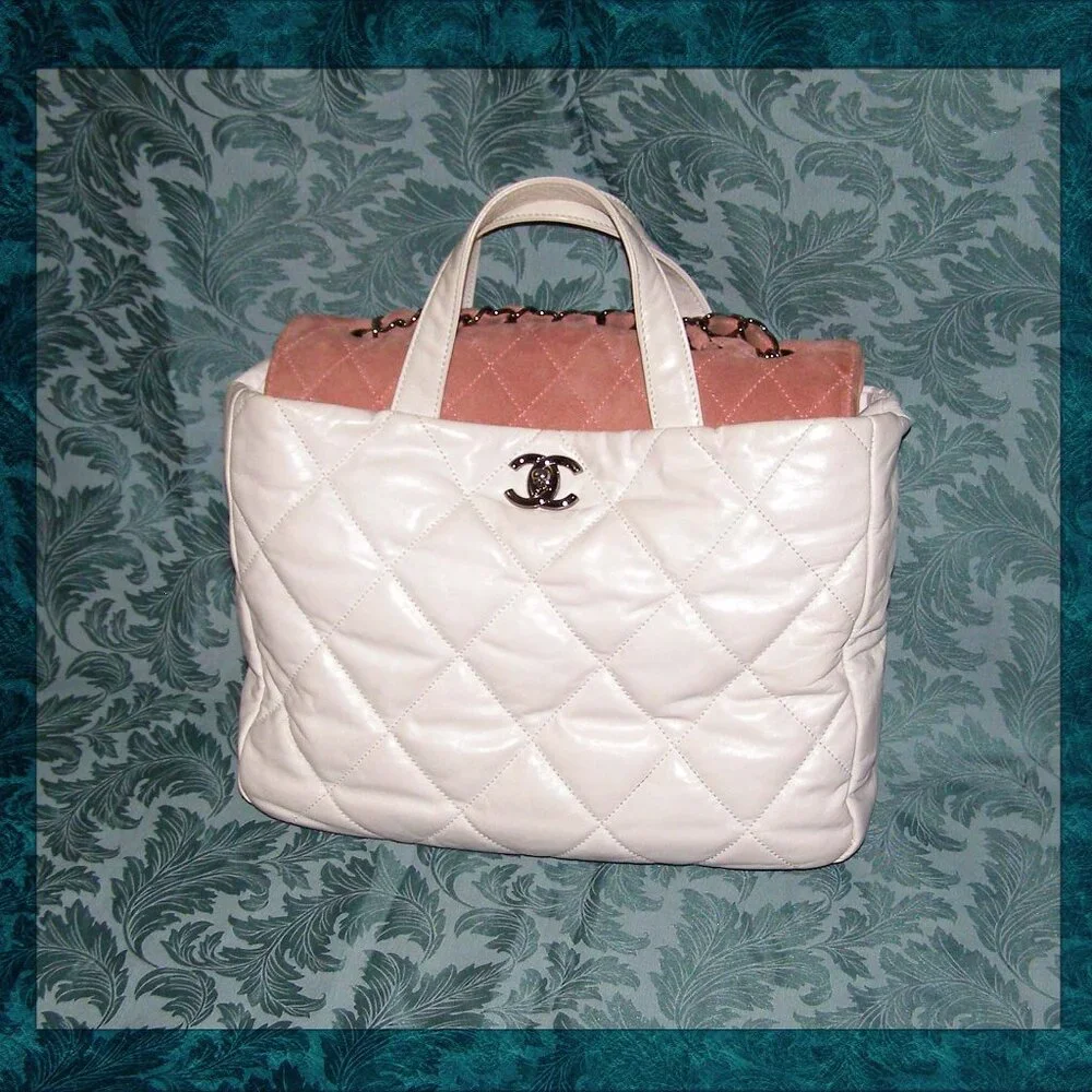 💖 CHANEL Portobello White Quilted Leather & Pink Suede Tote/Shoulder Bag
